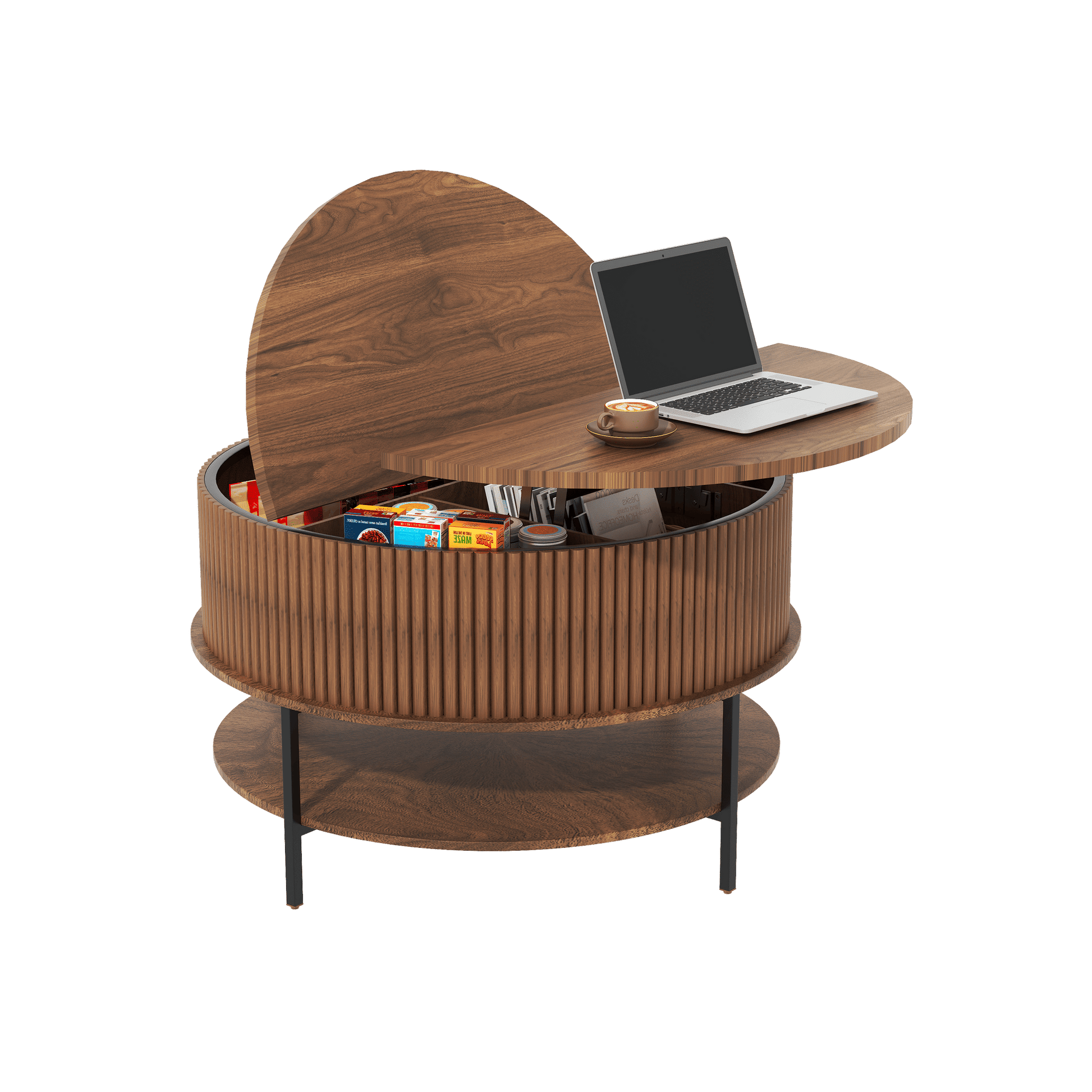 31.5 Inch Farmhouse Brown Lift Top Coffee Table, Round Storage Cocktail Table with Sturdy Steel Legs, Safe Round Design for Living Room, Office - luxuryhomedecoridea.com