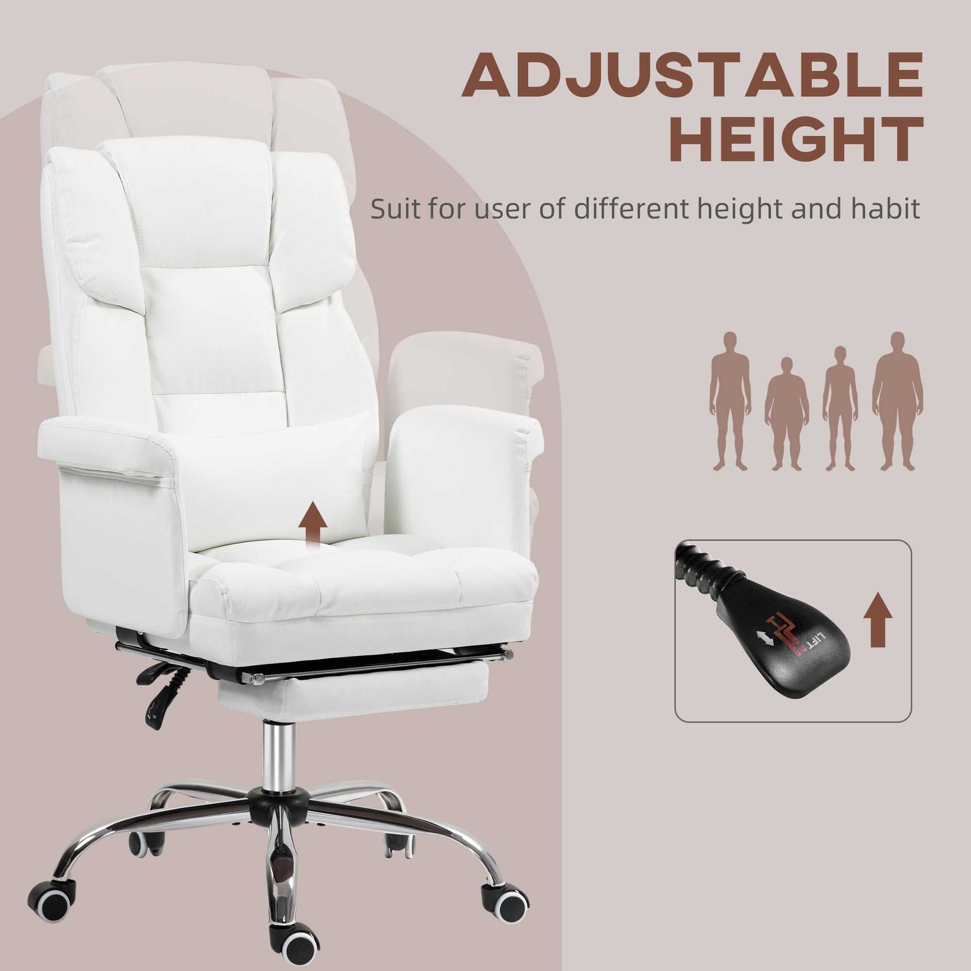 Executive Office Chair with Footrest and Lumbar Support, PU Leather Reclining Office Desk Chair, Ergonomic and Swivel, White - luxuryhomedecoridea.com