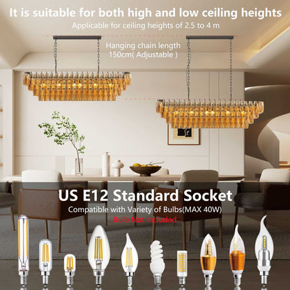 54" Black Rectangular Chandeliers for Dining Room, 12-Light 4 Tiered Large Smoke Glass Chandelier, Modern Kitchen Island Farmhouse Hanging Light Fixture for Living Room Foyer(Bulb not included) - luxuryhomedecoridea.com