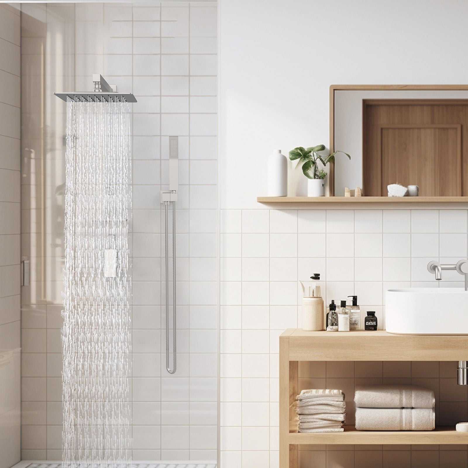 Rainfall Shower System With Storage Rack 10 inch Shower Faucet Set Brushed Nickel with High Pressure with Square Shower Head Luxury Shower Set Wall Mount - luxuryhomedecoridea.com