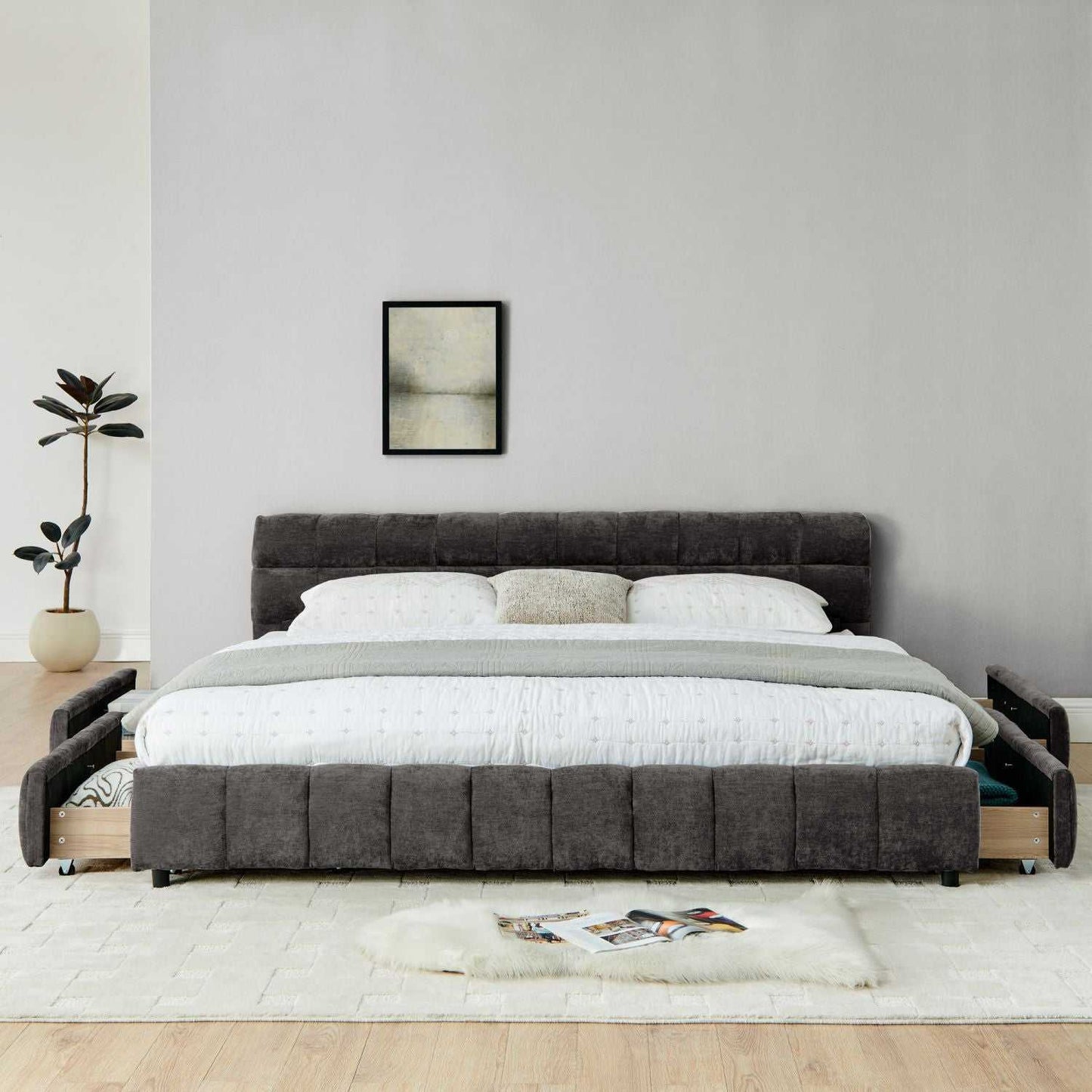 King Size Upholstered Bed ,comfortable upholstered bed frame, Chenille fabric, with headboard and solid bed frame. With drawer for storage.-Dark Gray(88.5''*85.5''*31'') - luxuryhomedecoridea.com