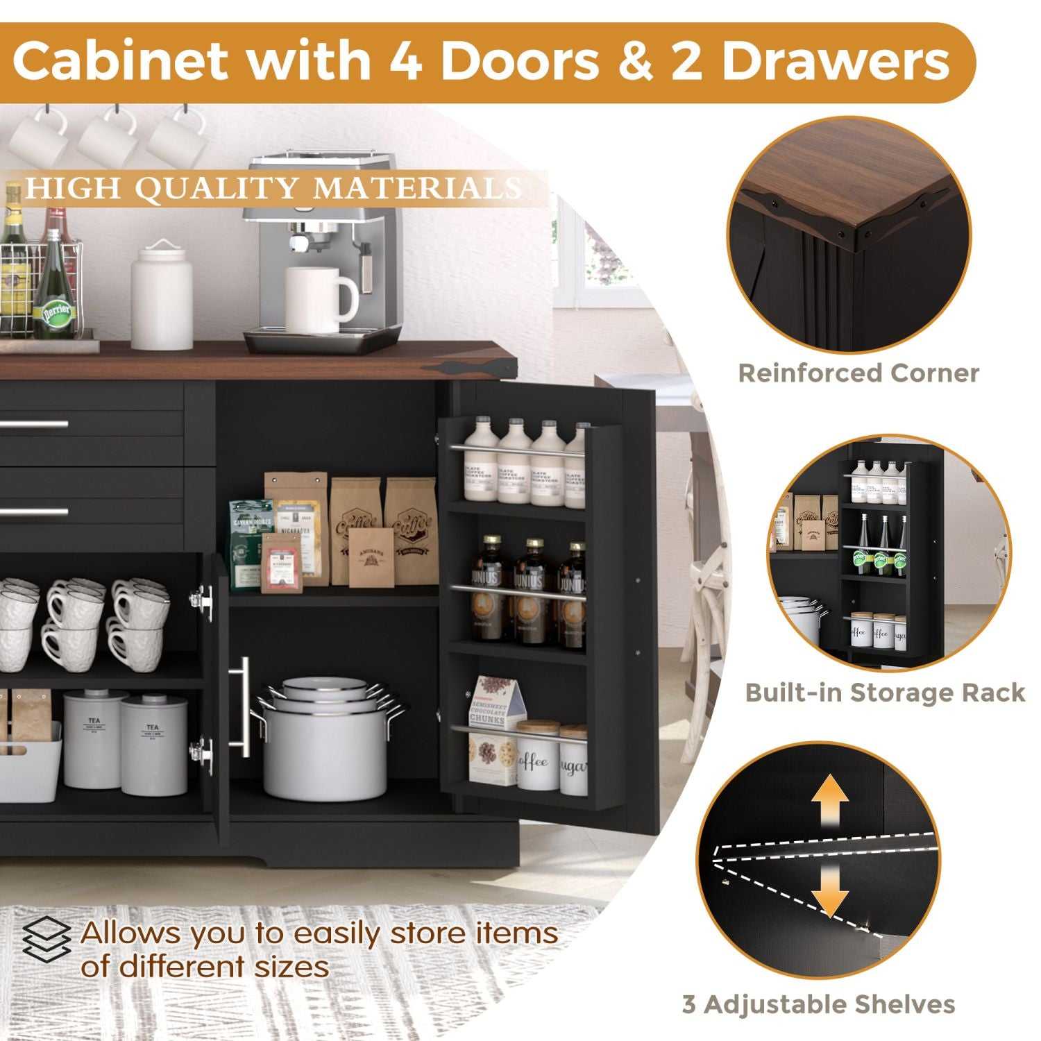 63" Farmhouse Barn Door Storage Cabinet with 2 Drawers & Door Rack, Large Buffet Table Coffee Bar Cabinets with Adjustable Shelves for Kitchen, Living Room, Entryway, Dining Room, Black - luxuryhomedecoridea.com
