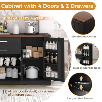 63" Farmhouse Barn Door Storage Cabinet with 2 Drawers & Door Rack, Large Buffet Table Coffee Bar Cabinets with Adjustable Shelves for Kitchen, Living Room, Entryway, Dining Room, Black - luxuryhomedecoridea.com