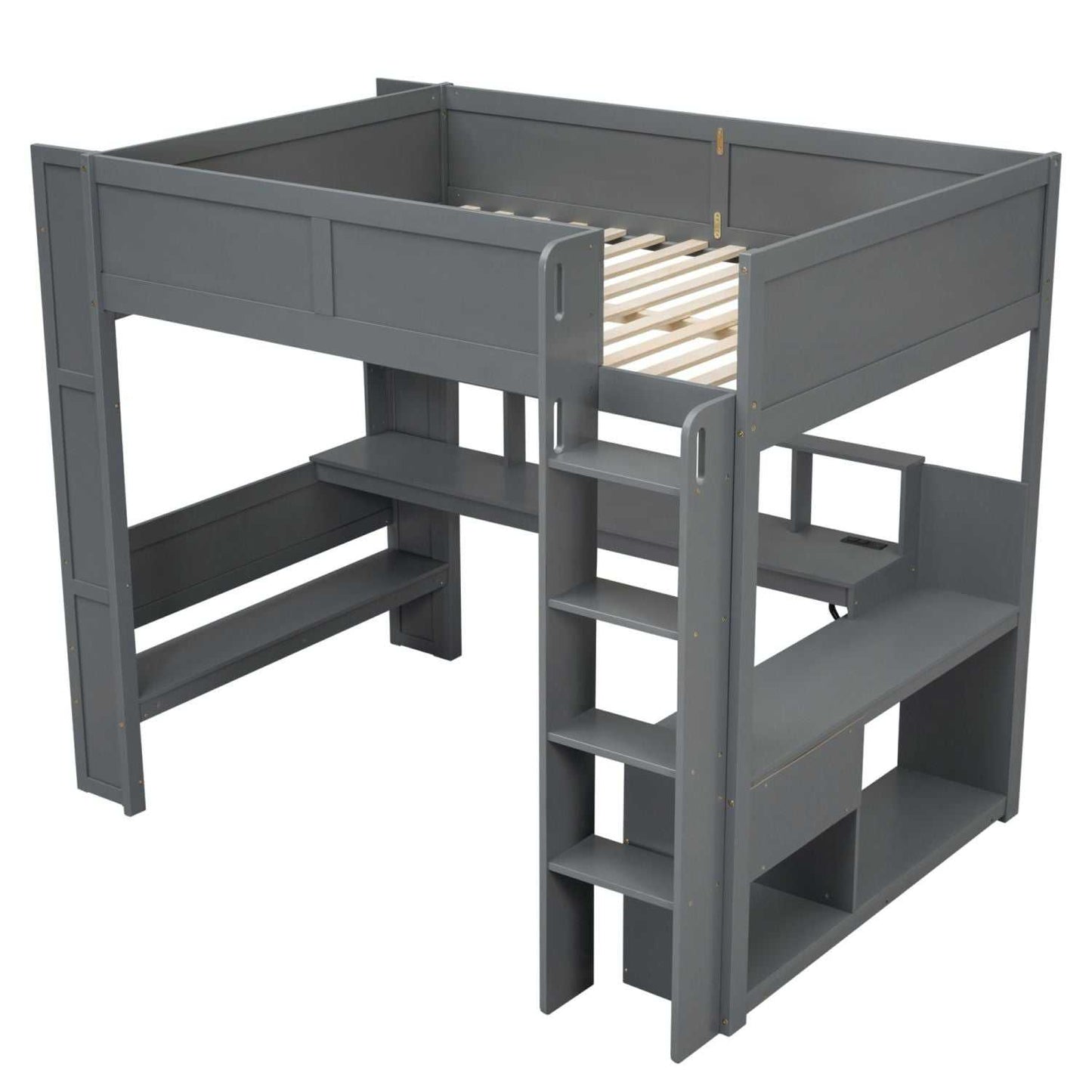 Wood Full Size Gaming Loft Bed with Desk, Multi-storage Shelves, LED and Charging Station, Dark Gray(Old SKU:SM000374AAE) - luxuryhomedecoridea.com