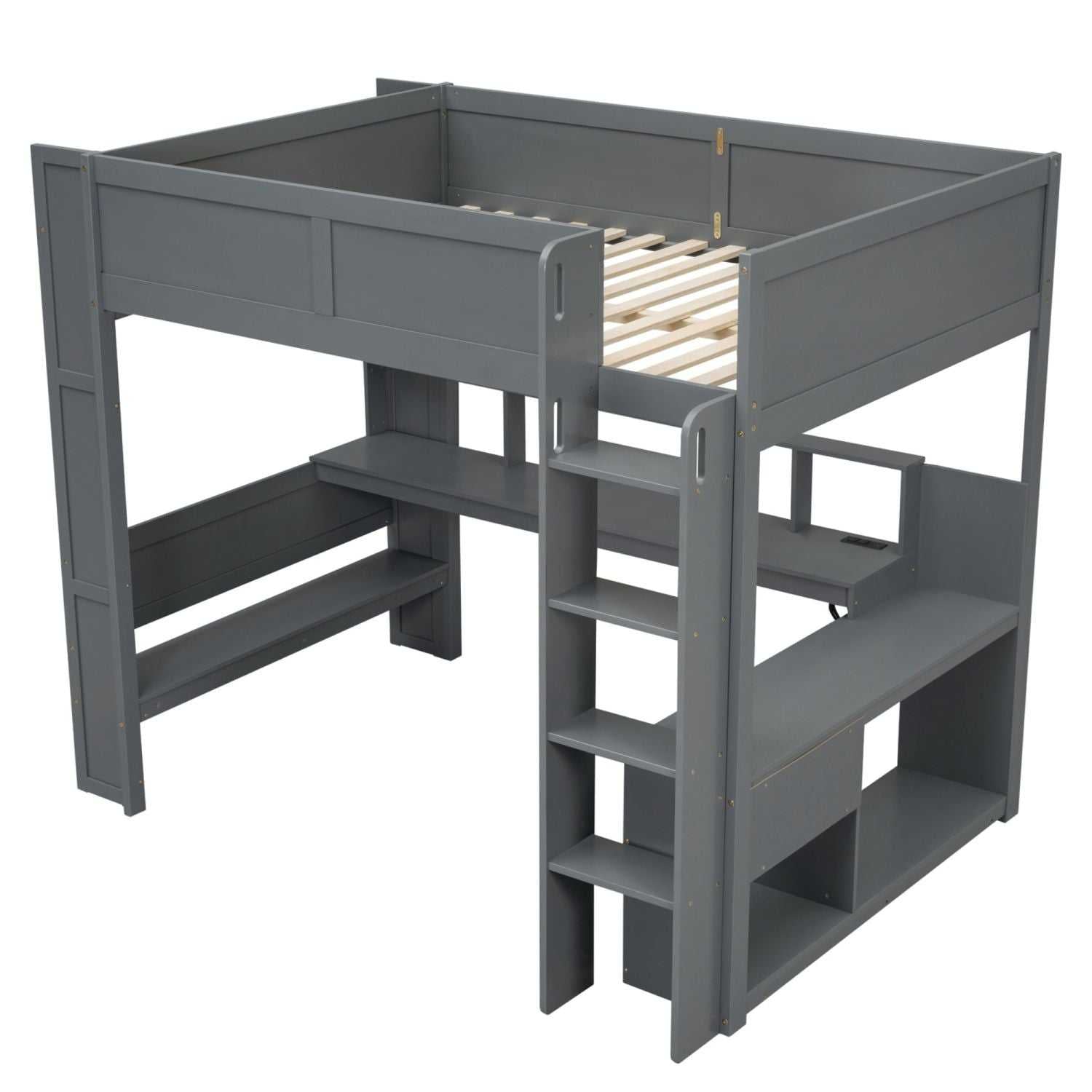 Wood Full Size Gaming Loft Bed with Desk, Multi-storage Shelves, LED and Charging Station, Dark Gray(Old SKU:SM000374AAE) - luxuryhomedecoridea.com