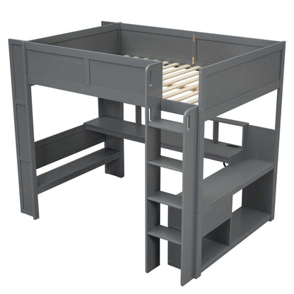 Wood Full Size Gaming Loft Bed with Desk, Multi-storage Shelves, LED and Charging Station, Dark Gray(Old SKU:SM000374AAE) - luxuryhomedecoridea.com