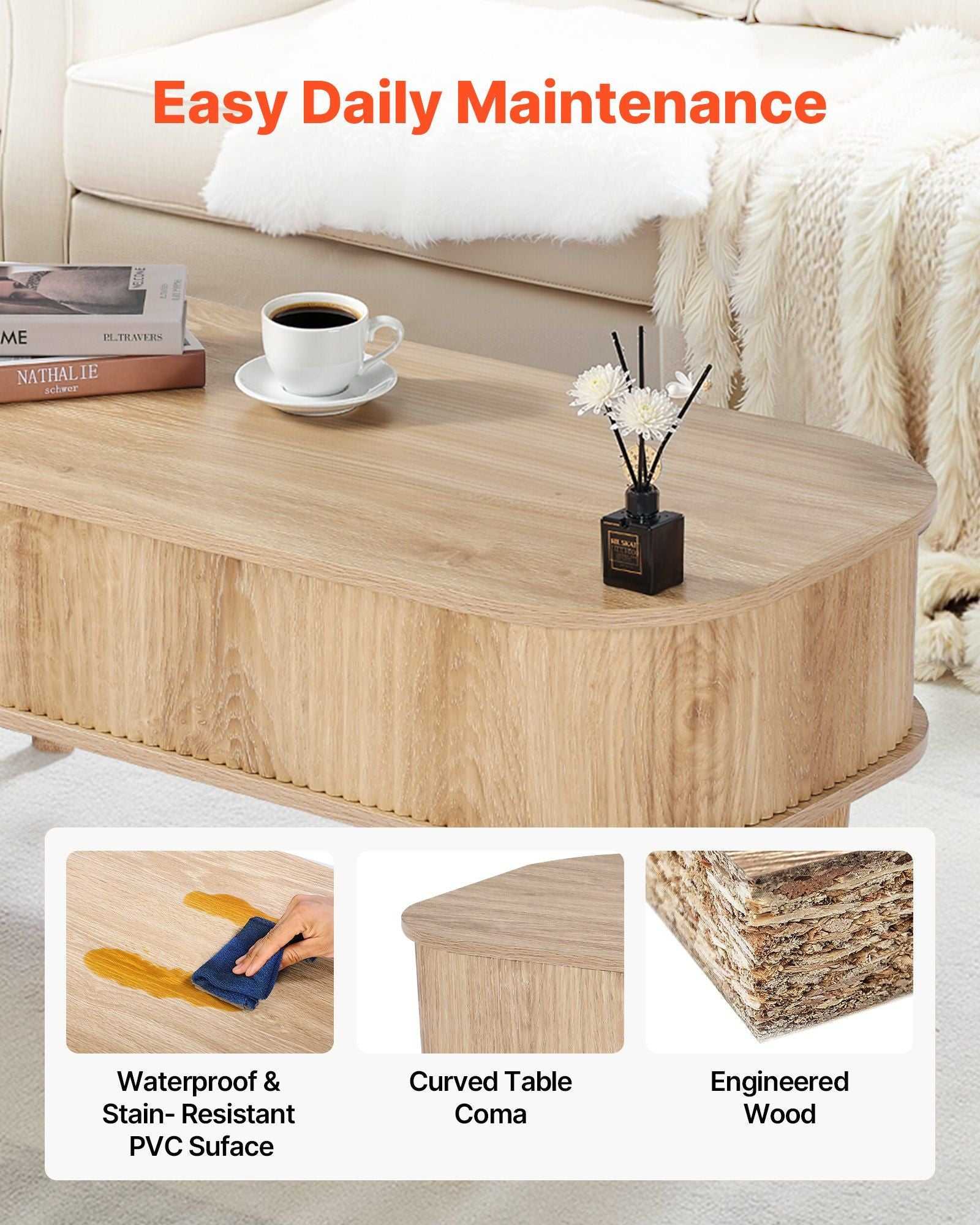 39.4 in Lift Top Coffee Table, Fluted Oval Coffee Table with 3 Hidden Compartment, Mid Century Wooden Oval Center Desk with Storage, Lift Up Tabletop for Home & Office, Easy Assembly, Burlywood - luxuryhomedecoridea.com