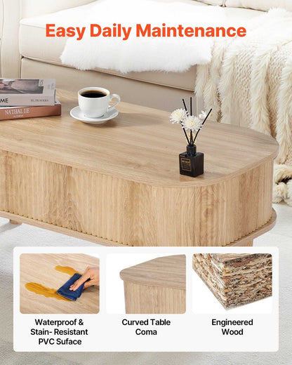 39.4 in Lift Top Coffee Table, Fluted Oval Coffee Table with 3 Hidden Compartment, Mid Century Wooden Oval Center Desk with Storage, Lift Up Tabletop for Home & Office, Easy Assembly, Burlywood - luxuryhomedecoridea.com