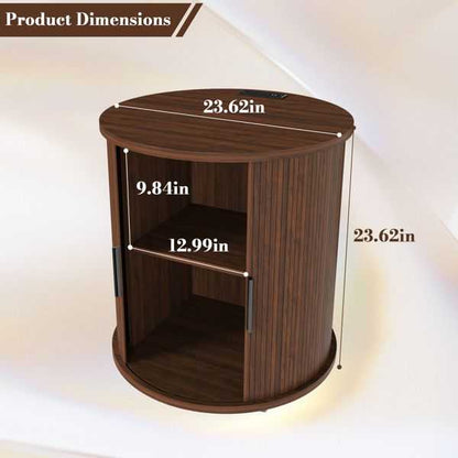 Mid Century Modern Cylinder End Table with Built-in Charging Station & Sliding Door, 2-Tier Storage Round Nightstand with USB Ports, Walnut Bedside Table for Living Room, Bedroom, Entryway - luxuryhomedecoridea.com