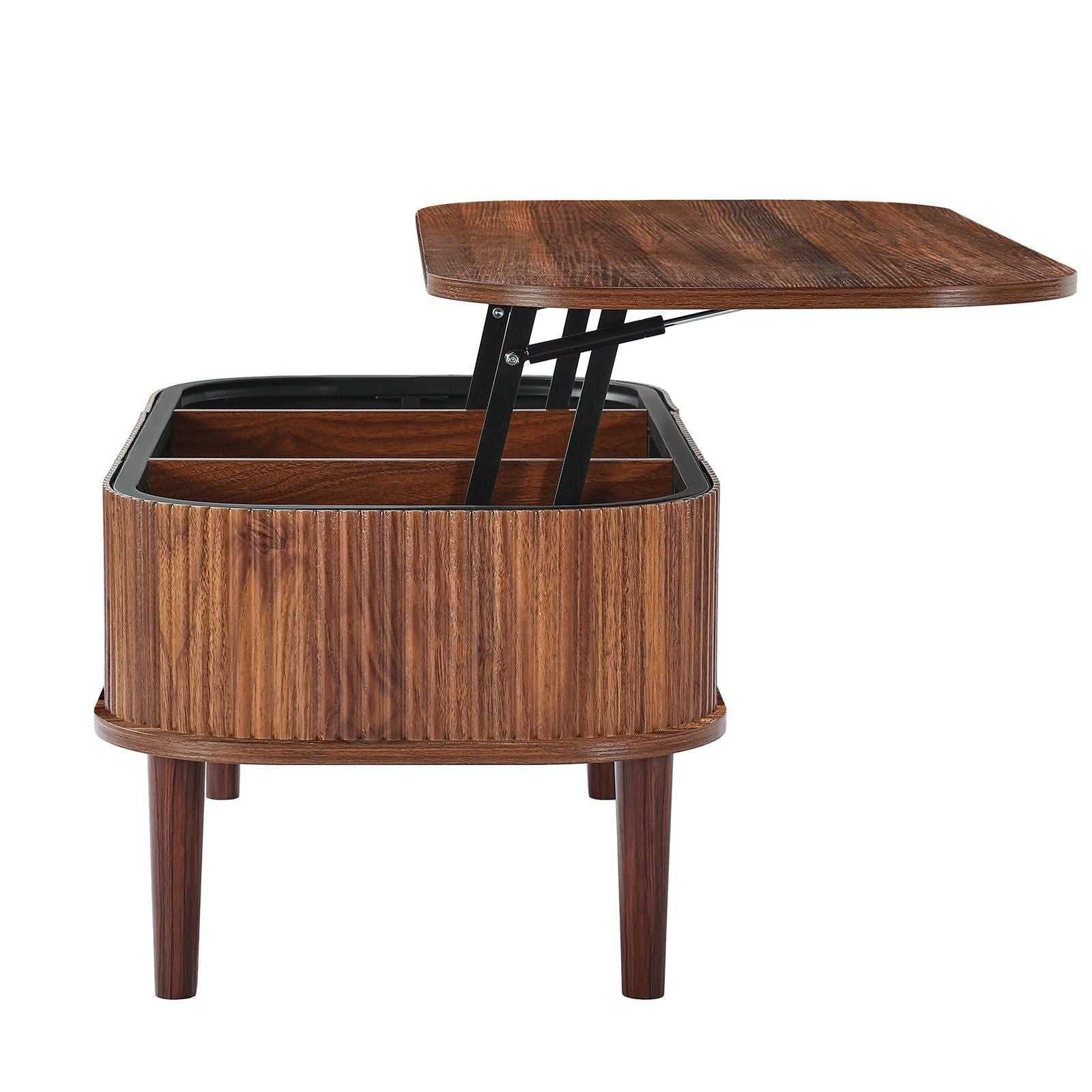 39.4 in Lift Top Coffee Table, Fluted Oval Coffee Table with 3 Hidden Compartment, Mid Century Wooden Oval Center Desk with Storage, Lift Up Tabletop for Home & Office, Easy Assembly, Walnut - luxuryhomedecoridea.com
