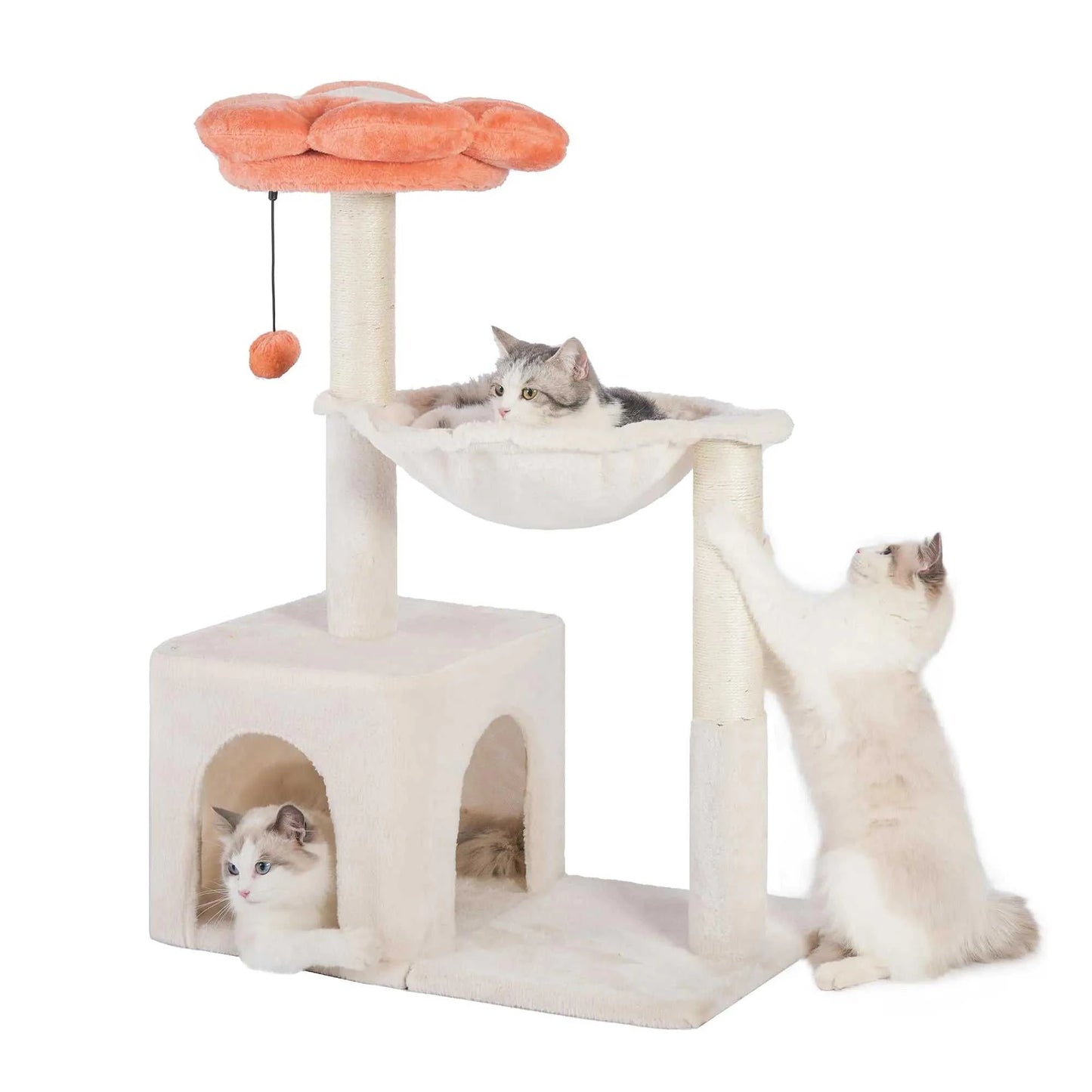 Pawfessor Flower Cat Tree 4 in 1 Cat Scratching Post for Indoor Cats 34" Small Cat Tower for Large Cats with Cat Scratch Posts15.7”Large Hammock Removable Perch and Wide Condo for Indoor Cats-Beige - luxuryhomedecoridea.com