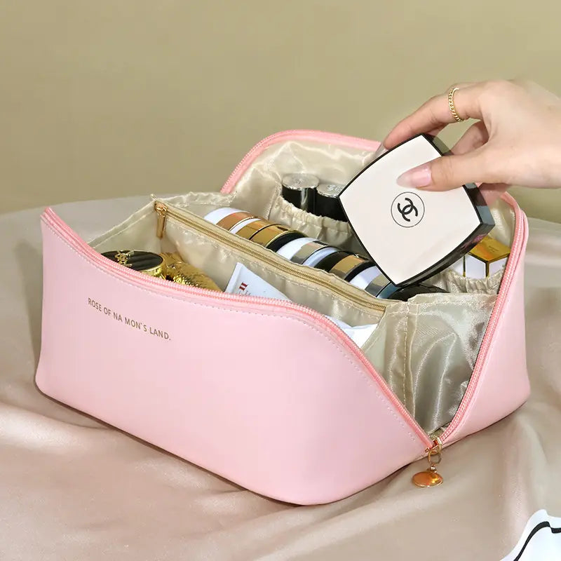 Large Waterproof Cosmetic Bag with Dividers and Handle